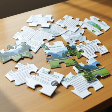 A close-up view of a partially assembled puzzle on a wooden table. The puzzle pieces are uniquely shaped like "SudLife policy documents," featuring printed text and design elements similar to real policies. Some pieces are fit together, while others are scattered around, showcasing various angles and orientations. A few of the pieces display colorful graphics, and the unfinished puzzle reveals an incomplete picture of a serene landscape. Natural lighting illuminates the scene, creating shadows on the surface of the table.