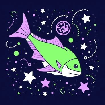 A swordfish is swimming gracefully through a galaxy filled with stars. The swordfish has a long, pointed bill and streamlined body, gliding through the dark expanse of space. Surrounding the swordfish are numerous stars, each radiating points of light. Some stars are larger, while others are smaller, creating a dynamic scene. The background is filled with swirling patterns that suggest movement within the galaxy, with a variety of star shapes scattered throughout the scene, adding depth and interest.