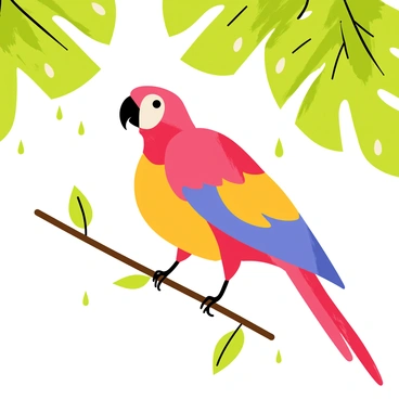 A macaw perched under leaves as a gentle rainforest rain falls