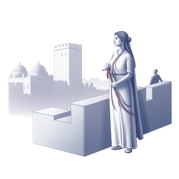An illustration depicting the story of Rahab. In the foreground, a woman is shown standing near a city wall, looking determined and resolute. She is wearing a simple, flowing garment that suggests her humble status. In her hands, she holds a scarlet cord, which is visually significant and symbolizes her faith and bravery in protecting the spies. Surrounding her, there are hints of the city of Jericho with its tall, imposing walls. In the background, silhouettes of the two Israelite spies can be seen, peering over the edge of the wall, indicating their cautious approach. The overall composition conveys themes of courage, loyalty, and the power of belief.