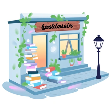 A quaint bookstore with a rustic wooden sign hangs over the entrance. The facade of the bookstore is adorned with ivy climbing up the walls, giving it a charming appearance. The door is slightly ajar, inviting passersby in. Stacks of colorful books are spilling onto a cobblestone street, creating a vibrant display. Small potted plants in various sizes sit on the window sills, adding greenery to the scene. A vintage lamp post stands nearby, casting a warm glow as the sun begins to set, painting the scene in soft light.