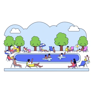 A bright, sunny day at a public swimming pool. The scene features a large blue swimming pool with clear water. Around the pool, several people are lounging on colorful beach chairs, some with umbrellas for shade. A few swimmers are enjoying the water, splashing and swimming. In the background, there are trees providing some greenery. The sky is clear with a few fluffy white clouds.