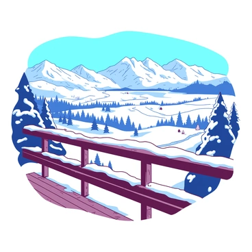 A panoramic view from a hotel balcony that is situated on a mountain. The balcony is made of rustic wooden planks, and there are snow-covered railings. In the distance, there are towering snow-capped mountains under a clear blue sky. Below the balcony, a vast winter landscape stretches out, covered in a thick blanket of shimmering white snow. Frosty evergreen trees dot the landscape, and small trails can be seen winding through the snow. The scene captures the peaceful tranquility of a winter day.