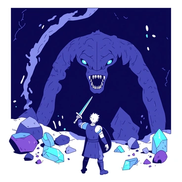 A young hero stands confidently at the entrance of a dark cave, facing a giant ancient monster. The hero wears a suit of armor that glimmers faintly in the light. The monster, towering and imposing, has rough, textured skin and many sharp teeth. Surrounding them, the cave is adorned with glowing crystals that emit a soft light in two contrasting colors. The crystals create a mystical atmosphere, casting intricate shadows on the walls of the cave. The hero raises a sword high, ready to confront the beast, as the tension between them fills the air.