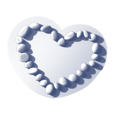 A heart shape created by placing smooth pebbles on a sandy beach. The pebbles vary in size and texture, forming a clear outline of the heart. The surrounding sand is fine and undisturbed, with small grains visible. The heart stands out prominently against the lighter sandy background, capturing the natural beauty of the beach setting.