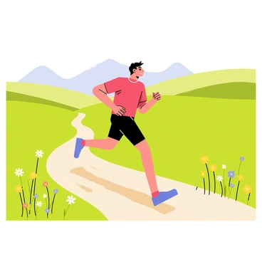 A runner wearing a bright red shirt and black shorts is sprinting along a dirt path that winds through lush green fields. Vibrant wildflowers in shades of yellow, purple, and white dot the meadows on either side of the path. In the background, rolling hills create a gentle silhouette against the clear blue sky. The sun casts warm light across the scene, highlighting the runner's determined expression as they enjoy the beauty of the countryside.