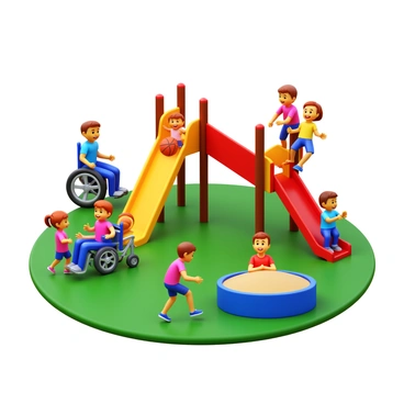 Children of different abilities playing together on colorful playground equipment