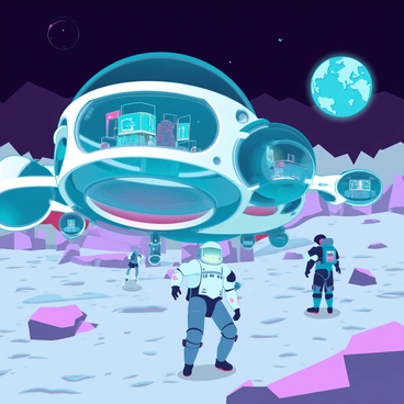 A futuristic moon base featuring multiple domed habitats constructed from transparent materials, showcasing the interior living spaces. Astronauts in sleek, high-tech space suits are scattered across the rocky lunar landscape, conducting experiments and collecting samples. The surface is covered in fine gray dust and scattered craters. In the background, the Earth is visible in the dark sky, casting a soft glow over the scene. There are distant mountains and large boulders adding depth to the lunar terrain.