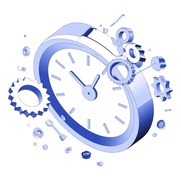A clock is displayed with its outer casing removed, revealing intricate gears and machinery inside. The gears are interlocking, showcasing their movement as they rotate in sync with the passage of time. The clock hands are positioned at ten past two, adding a dynamic element to the scene. Small metal components and springs are scattered around the gears, illustrating the complexity of the clock's mechanism. Each gear has unique shapes and sizes, emphasizing the engineering behind timekeeping.