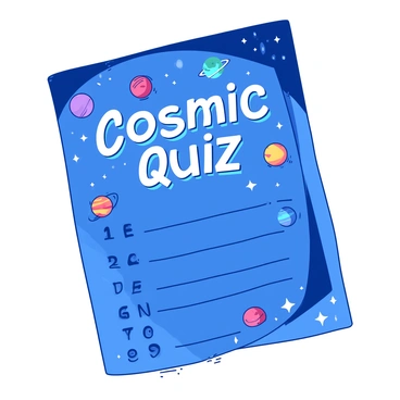 A blue quiz sheet features questions about space, with illustrations of planets and stars surrounding the text. There are eight colorful planets illustrated in various sizes, each displaying unique surface details such as rings or surface textures. Bright white stars twinkle in the background, providing a cosmic ambiance. In the center of the quiz, the title, "Cosmic Quiz," is prominently displayed in bold lettering with a subtle glow effect. The overall design is engaging and visually appealing, drawing attention to the theme of the universe.