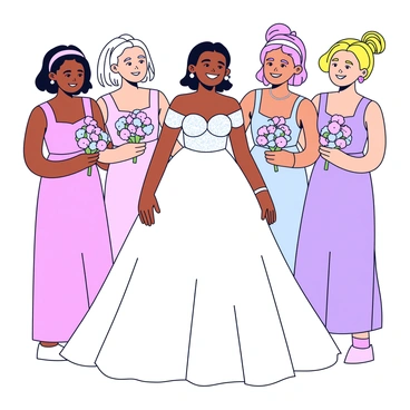 Juliet is wearing a beautiful wedding dress with intricate lace details and a flowing train. The dress is elegant, featuring a sweetheart neckline and delicate embroidery along the bodice. She stands in the center, smiling brightly. Surrounding her are her bridesmaids, each dressed in matching pastel-colored gowns. The bridesmaids have arranged their hair in soft waves, and they hold bouquets of fresh flowers in their hands. The scene captures a joyful moment as they celebrate together.
