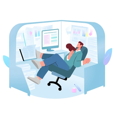 A person is leaning back in a swivel chair, taking a break in an office cubicle. The cubicle is surrounded by tall stacks of papers and files, filling the space with a sense of busyness. A computer monitor is visible on the desk, displaying various spreadsheets. In the background, a colorful calendar hangs on the wall, adding a touch of vibrancy to the monochrome office environment. A coffee mug sits on the desk, half-full, next to a few scattered pens and a notepad.