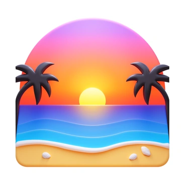 A beach scene at sunset with "vibrant hues" of orange, pink, and purple in the sky. The "sun" is partially submerged on the horizon, casting a warm glow over the "calm water." Gentle "waves" lap at the shore, creating small ripples that reflect the colors of the sky. Silhouettes of "palm trees" are present on the sides of the image, adding to the tropical atmosphere. Small "seashells" and "smooth stones" are scattered across the "sandy beach," completing the coastal scene.