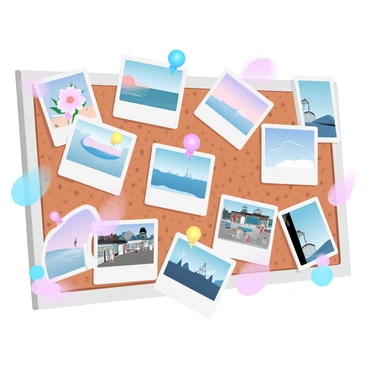 A corkboard filled with an assortment of vintage Polaroid photos. Each photo displays a different scene, capturing unique memories, such as a blossoming flower garden, a beach sunset, and a bustling street market. The Polaroids are slightly crooked and have a soft, faded appearance, showcasing their age. Colorful push pins hold each photo in place, while the corkboard itself has a textured surface, creating a warm and nostalgic atmosphere. The background is softly blurred, allowing the focus to remain on the collection of photos.
