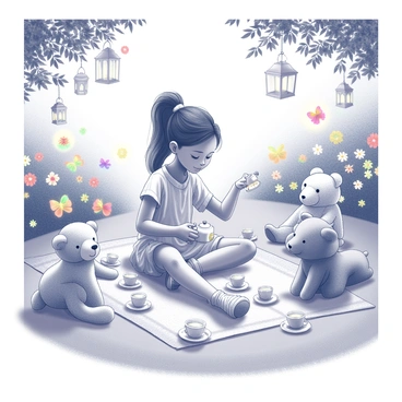 A young girl with dark skin is seated on a picnic blanket in a garden. She is surrounded by various stuffed animals, including a teddy bear, a bunny, and a plush elephant. The girl is pouring tea from a small teapot into delicate cups, while her stuffed animals are arranged around her, each with their own cup. The garden is filled with lush greenery, vibrant flowers, and whimsical decorations such as colorful butterflies and lanterns hanging from tree branches. The scene captures a playful atmosphere, with sunlight filtering through the leaves above.