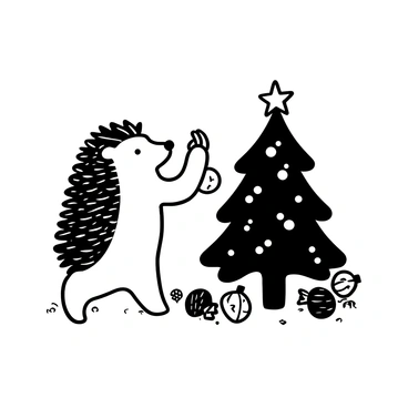 A hedgehog with textured quills is standing on its hind legs, using one paw to hang a tiny ornament on a small Christmas tree. The tree is decorated with various tiny ornaments and fairy lights that twinkle, creating a festive atmosphere. The ground is covered with a light dusting of snow, and a few scattered pinecones are nearby, adding to the holiday theme. Several other small ornaments are placed on the ground around the tree, waiting to be hung.