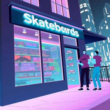 A skateboard shop with large glass windows showcasing an array of colorful skateboards and accessories inside. The exterior of the shop is made of dark wood, and a neon sign above the entrance reads "Skateboards" in bright letters. The warm glow of ambient lighting spills out from the shop, illuminating the sidewalk in front. Outside, a couple of skateboarders are chatting and leaning against a nearby railing. The backdrop features a cityscape with illuminated buildings and streetlights, creating a lively urban atmosphere at night.