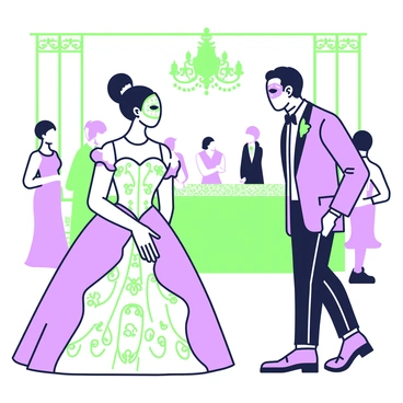 An attendee at a masked ball is standing elegantly in a lavish ballroom. She is wearing an ornate dress with intricate designs, complemented by a delicate mask that partially covers her face. Her dark hair is styled in an elegant updo. She is gazing directly at a mysterious stranger across the room. The stranger is wearing a sleek suit and a matching mask, exuding an air of intrigue. Surrounding them, the ballroom is filled with other guests in formal attire, and a chandelier hangs overhead, casting soft light on the scene.