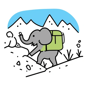 An elephant, representing Babar, is hiking up a mountain trail. He is wearing a green backpack securely strapped to his back. The trail winds upwards, lined with sparse shrubs and rocky terrain. In the background, there is a panoramic view of distant mountains, with peaks capped in white snow and a clear blue sky above. The sunlight illuminates the scene, casting gentle shadows on the trail as Babar makes his way up.
