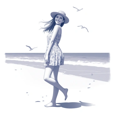 A model standing on a sandy beach. She is wearing a light, summery outfit consisting of a short dress with floral patterns and a wide-brimmed hat. The sun is shining brightly, casting distinct shadows on the ground. The waves gently lap at the shore in the background, and seagulls can be seen flying in the clear sky. The model has a joyful expression, and her hair flows in the light breeze as she poses confidently.