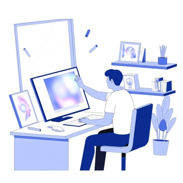 An artist is focused on creating digital art within a well-equipped studio. The artist is seated at a sleek workstation, surrounded by various holographic tools that emit soft glows. The holographic display showcases vibrant, dynamic artwork in progress. Various digital brushes hover in mid-air, appearing to be manipulated by the artist's gestures. Shelves lined with art supplies and sketches are visible in the background, contributing to the creative atmosphere. A large window allows soft light to illuminate the workspace, enhancing the scene's overall clarity and detail.