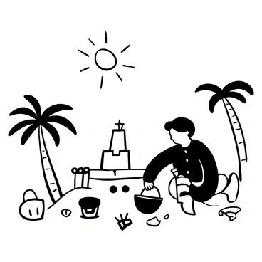 A figure resembling Kim Jong Un, dressed in a dark suit, is kneeling in the sand, focused on constructing a detailed sandcastle. He is surrounded by various sand tools, including a small bucket and shovel. Palm trees can be seen in the background, swaying gently. The sun is depicted as a large circle above, emitting rays that fill the scene. Small seashells and pieces of driftwood are scattered around the area, enhancing the beach setting.