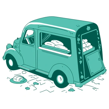 A teal bread truck is parked on a cobblestone street. The truck features intricate design elements, including swirls and floral motifs etched into its sides. The windows are slightly tinted, showing reflections of the surrounding buildings. In the back of the truck, an open door reveals stacks of freshly baked loaves of bread, some still warm and golden. The scene captures the truck's vintage charm with visible wear and details that highlight its craftsmanship. A few bread rolls are scattered on the ground next to the truck, adding to the lively atmosphere of the street.