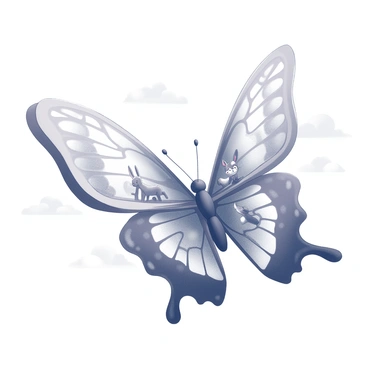 A gigantic butterfly with large, transparent wings that resemble panes of glass. The wings are detailed with intricate patterns and serve as a unique form of transportation. Inside the wings, several animals are visible; there are a rabbit, a fox, and a small deer each looking out curiously. The body of the butterfly is robust and features additional sections that resemble a carriage. The scene captures the essence of movement as the butterfly gracefully glides through the air, surrounded by clouds.