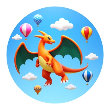 Charizard flying alongside colorful hot air balloons at a festival