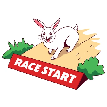 A white hare is positioned at the starting line of a race, with its ears perked up and eyes wide open, expressing excitement and eagerness. The starting line is marked with a bright red banner that has the words "Race Start" in bold letters. The ground is a sandy track, and the surrounding area features vibrant green grass. The hare is poised in a crouching stance, ready to leap forward as soon as the race begins.