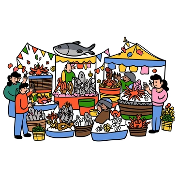 A marketplace scene with multiple stalls overflowing with fresh fish, crabs, and various shellfish. The fish are displayed on ice, glistening under the bright market lights. Crabs are arranged in colorful baskets, and shellfish are piled high in woven containers. The stalls are surrounded by vibrant decorations, including colorful banners and flowers, creating a lively atmosphere. People are browsing and interacting with the vendors, adding to the bustling energy of the market.