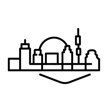 A city skyline with iconic metro buildings silhouetted against a sunset.