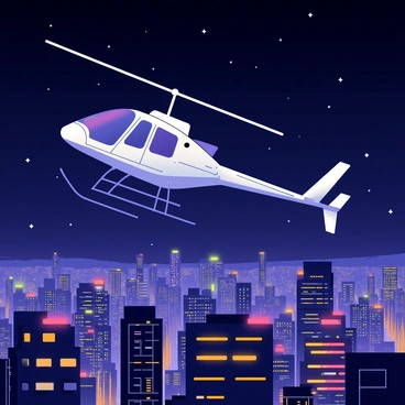 A sleek private helicopter flying through the night sky, its body reflecting the glow of city lights below. The helicopter's rotors are spinning, creating a sense of motion as it travels over a sprawling urban landscape. Brightly lit skyscrapers with colorful neon signs can be seen beneath, casting a warm glow against the dark sky. The city is alive with twinkling lights, creating a vibrant backdrop for the helicopter's journey. Stars are faintly visible in the background, adding a touch of serenity to the bustling scene below.