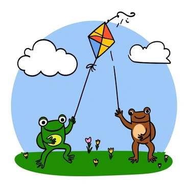 A frog with green skin and big eyes is smiling as it holds one end of a colorful kite. Next to it, a toad with brown skin and big eyes stands, looking excited while holding the other end of the kite string. The sky is bright blue with fluffy white clouds, and the wind is gently lifting the kite, which features vibrant patterns of yellow, red, and blue. The open field is filled with soft green grass and a few scattered wildflowers, creating a lively and cheerful atmosphere.