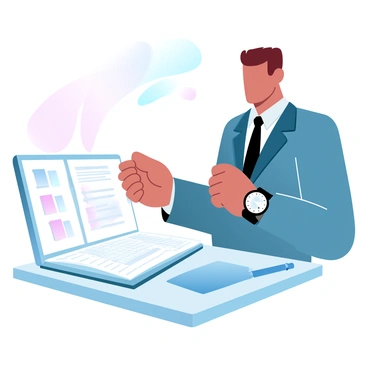 A professional in a tailored suit is checking the time on a sleek wristwatch. The person has neatly styled hair and stands in front of a modern desk. On the desk, there is an open planner filled with handwritten notes and colorful sticky flags. A stylish pen lies next to the planner, and a laptop is positioned nearby. Soft gradient pastel colors fill the background, creating a calm atmosphere.