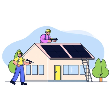 A contractor installing solar panels on a modern suburban house