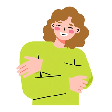 An individual with curly brown hair wearing a cozy green sweater is giving themselves a warm hug. Their eyes are closed, and a gentle smile is on their face, exuding a sense of comfort and self-love. The background is a soft pastel color that adds to the warm atmosphere. The individual’s arms are wrapped around their body, showcasing a peaceful moment of self-embrace.