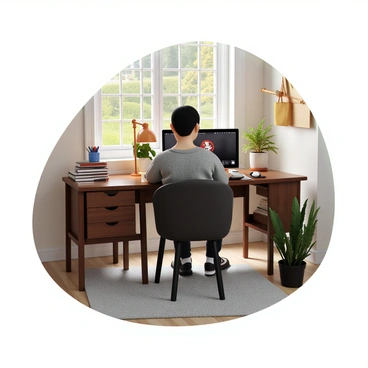 A person with light skin and short hair, wearing glasses and a gray sweater, is sitting at a home desk. The desk is made of dark wood and is cluttered with various stationery items, including pens and notebooks. The person is focused on a laptop screen displaying a video about formation techniques. A cozy lamp on the desk casts warm light, and a potted plant sits nearby, adding a touch of greenery to the workspace. A window in the background shows a glimpse of a sunny day outside.