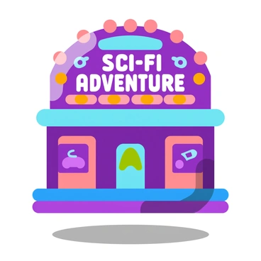 A retro-futuristic cinema building with neon lights and a marquee displaying the title "Sci-Fi Adventure" with images of aliens and spaceships.