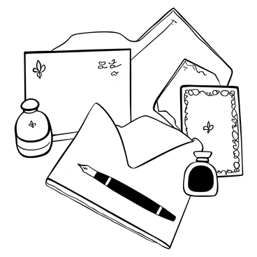A collection of elegant stationery laid out neatly on a wooden desk. Each piece of paper features a "delicate fleur-de-lis watermark" subtly embossed in the center. The stationery includes a variety of items: a folded note card, standard letterhead, and matching envelopes, with intricate border designs along the edges. A classic fountain pen with a slender body rests beside the stationery, ready for use. A small inkwell sits nearby, adding to the sophisticated presentation.