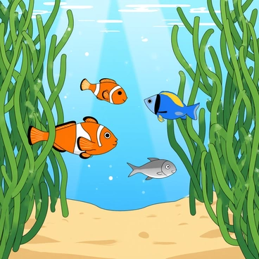 An underwater scene filled with vibrant colors and life. There are several fish of different shapes and sizes swimming gracefully through a dense forest of green kelp swaying gently with the currents. The fish include a bright orange clownfish, a sleek blue tang, and a shimmering silver fish darting playfully among the kelp. Sunlight filters down from the surface, creating sparkling patterns on the sandy ocean floor below. The kelp sways rhythmically, and small bubbles rise to the surface, adding to the lively atmosphere of this underwater world.