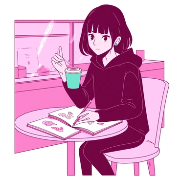 A pink emo character with black hair and a fringe is sitting at a small coffee shop table. The character is wearing a black hoodie and skinny jeans, with silver earrings visible. In one hand, there is a teal coffee cup with a lid, and in the other hand, there is a pencil that is poised over a white notebook. The notebook is open, displaying intricate sketches of various shapes and patterns. The character appears focused, with a slight frown while looking at the page. The coffee shop interior features soft, ambient lighting, creating a cozy atmosphere around the character.