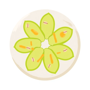 A dessert plate with an elegant, round white background. The plate holds vibrant green cucumber slices arranged in a circular pattern. Each cucumber slice is drizzled with golden honey, creating a glossy finish. Scattered on top of the cucumber slices are small pieces of chopped nuts, adding a crunchy texture. The presentation is clean and colorful, highlighting the freshness of the cucumbers and the sweetness of the honey.