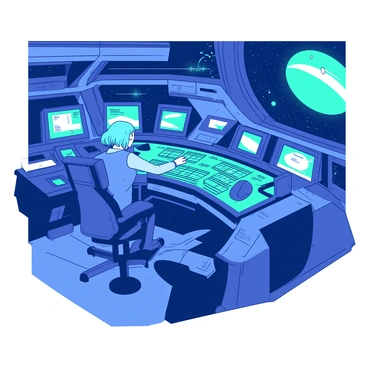 The control bridge of a starship features a sleek design with glossy surfaces and illuminated panels. Various crew members are positioned throughout the bridge, each focused on their tasks. A crew member with short blue hair is adjusting the settings on a large, curved control panel, which displays vibrant teal holographic projections. Another crew member is seated in a high-tech chair, monitoring multiple screens that surround them, cast in shades of white light. The atmosphere is dynamic, with lights blinking and various advanced technologies subtly humming in the background. A large viewport reveals a vast expanse of space filled with distant stars and a glowing nebula.