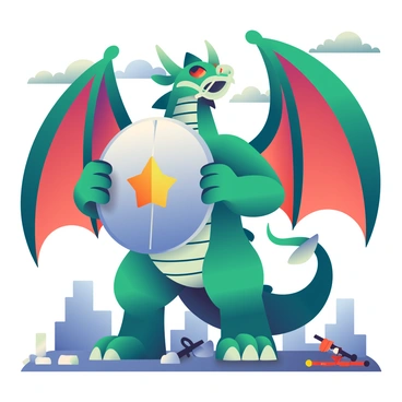 A fierce dragon mascot with vibrant green scales and glowing red eyes stands proudly on a mythical battlefield. It has large, majestic wings extended wide, showcasing intricate patterns on the underside. The dragon is gripping a large, round shield made of polished silver, emblazoned with a striking emblem in the center. Surrounding the dragon are fragments of ancient stone ruins and scattered weaponry, hinting at the remnants of past battles. The sky above is filled with dark, swirling clouds, adding to the dramatic atmosphere of the scene.