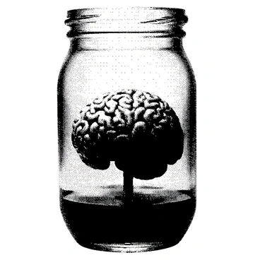 A brain floating in a glass jar filled with a mysterious glowing liquid
