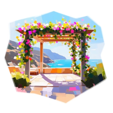 A pergola constructed from wooden beams, draped in vibrant flowering vines with colorful blooms cascading down. The pergola is positioned on an elevated terrace, offering a sweeping view of the Capri coastline below. In the distance, the azure sea meets the sky at the horizon, while rugged cliffs frame the shoreline. The sun casts dappled shadows across the terrace, enhancing the natural beauty of the scene. Lush greenery surrounds the pergola, adding to the idyllic atmosphere of the coastal escape.