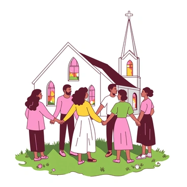 A group of six people, three men and three women, are holding hands in a circle outside a white church with a tall steeple. The church has stained glass windows that catch the sunlight. Each person in the circle is dressed in diverse colorful attire, with expressions of serenity on their faces. Around them, the ground is covered with green grass and there are several blooming flowers nearby. The scene is peaceful, and the warm light of the setting sun casts soft shadows on the ground.