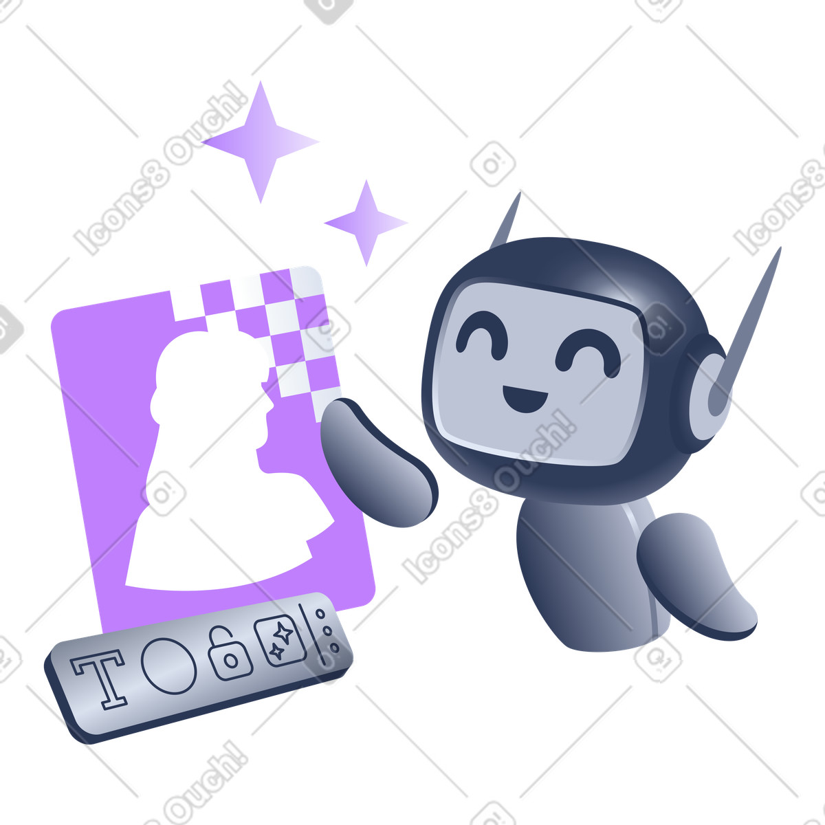 Robot editing photo background, AI image enhancement or tool illustration in Lucent style download in PNG, SVG