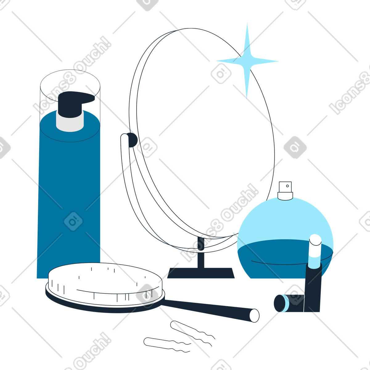Daily makeup routine, beauty products near vanity mirror illustration in Indigo style download in PNG, SVG